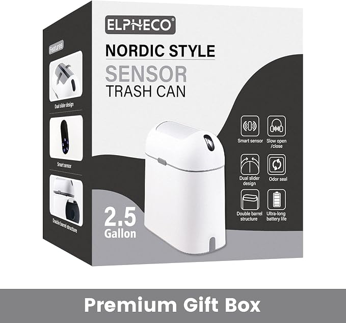 ELPHECO Bathroom Trash Can with lid, 2.5 Gallon, Motion Sensor, White Grey