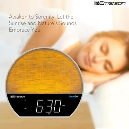Emerson CKSS7071 Sunrise Smartset Alarm Clock Radio with 1.2" LED Display, White Noise, 6 Soothing Sounds, 8-Color Dimmable LED, Bluetooth Speaker, White