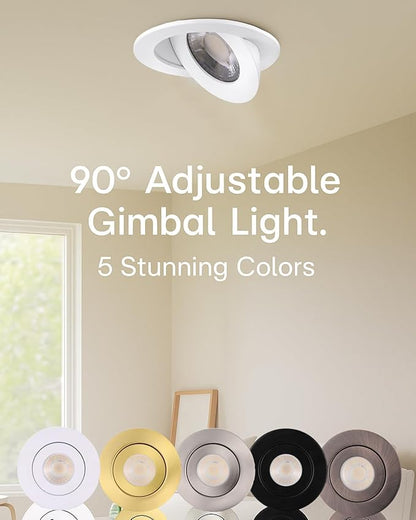 POPANU 4inch Gimbal LED Recessed Light Recessed LED 4 inch White Swivel Gimbal Canless Light 360° Rotation 90° Tilt 4" 9W Eyeball Lighting Dimmable Adjustable Can Spotlights 5CCT White 4 inch 6 Pack
