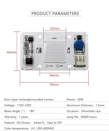 Driverless LED 50W COB Chip Bulbs AC 220V Integrated Smart IC Driver Ultra Violet Bulb Lamp 395nm - 405nm (AC 220V)