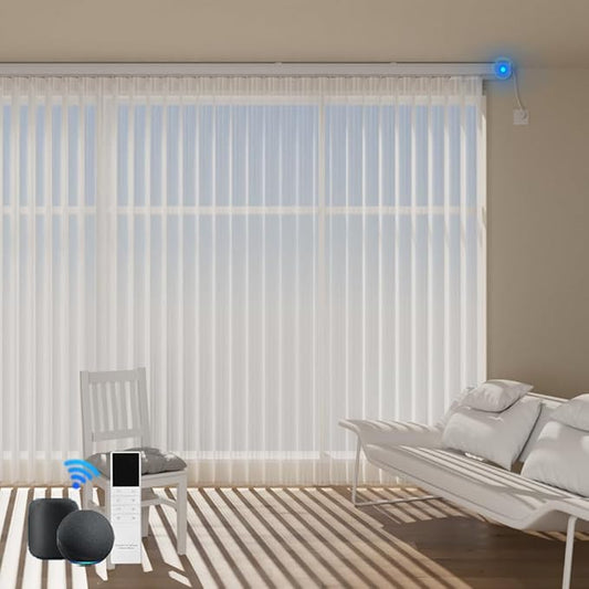 Motorized Sheer Vertical Blinds Work with Alexa Google Home, Light Filtering Smart Vertical Blind Sliding Door Blinds Remote Control Blinds for Sliding Glass Door Customize, Texture White