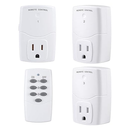 BN-LINK Mini Wireless Remote Control Outlet Switch Power Plug in for Household Appliances, Wireless Remote Light Switch, LED Light Bulbs, White (1 Remote + 3 Outlet) 1250W/10A