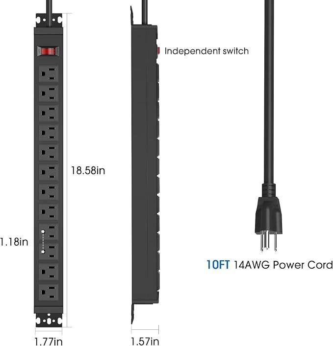 HHSOET Rotating 12 Outlet Surge Protector Power Strip 1200J, 10FT, Black, 2 | Metal Heavy Duty and Versatile Outlet Strip, Mountable Power Strip Suitable for Households Offices Industries