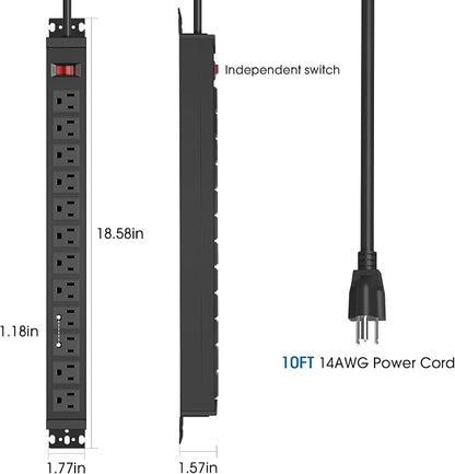 HHSOET Rotating 12 Outlet Surge Protector Power Strip 1200J, 10FT, Black, 2 | Metal Heavy Duty and Versatile Outlet Strip, Mountable Power Strip Suitable for Households Offices Industries