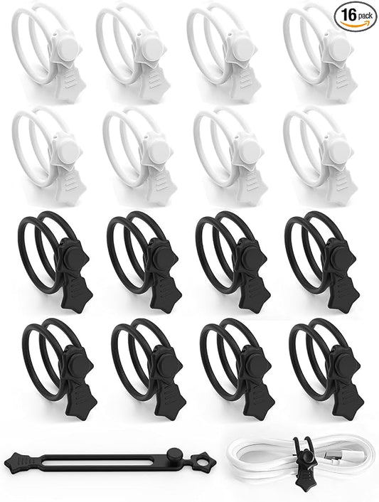 Silicone Cable Ties 16PCS Reusable Cord Organizer for Home Travel | Cord Organizer for Charging Cables, Data Cables & Computer Wires, Multipurpose Elastic Cable Management Straps（Black&White）