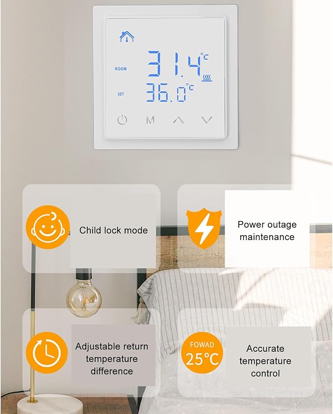 Smart Electric Floor Heating Thermostat 16A AC85V‑250V Home Thermostat, Easy Installation and Accurate Temperature Control (White)