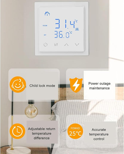 Smart Electric Floor Heating Thermostat 16A AC85V‑250V Home Thermostat, Easy Installation and Accurate Temperature Control (White)