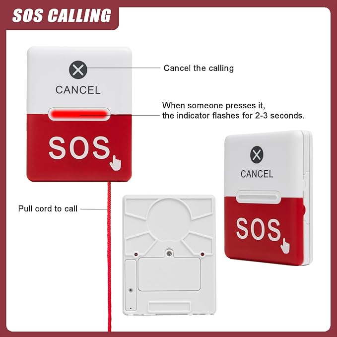 Caregiver Pager Nurse Call System Alert Button for Seniors at Home Pager for Elderly/Patient/Disabled/Nursing Home 2 SOS Call Buttons 2 Receivers