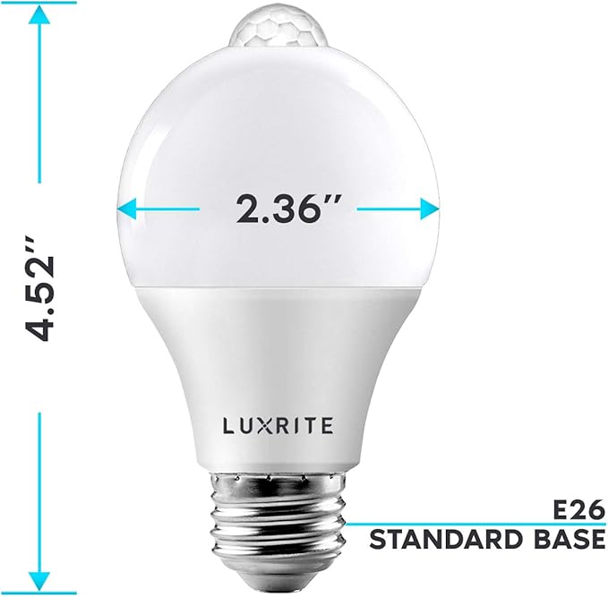 LUXRITE A19 LED Motion Sensor Light Bulbs, 60W Equivalent, Motion Activated Dusk to Dawn Sensor, 5000K Bright White, 800 Lumens, Security Light Bulb, Indoor/Outdoor, UL Listed, E26 Base (4 Pack)