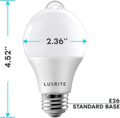 LUXRITE A19 LED Motion Sensor Light Bulbs, 60W Equivalent, Motion Activated Dusk to Dawn Sensor, 3000K Soft White, 800 Lumens, Security Light Bulb, Indoor/Outdoor, UL Listed, E26 Base (4 Pack)