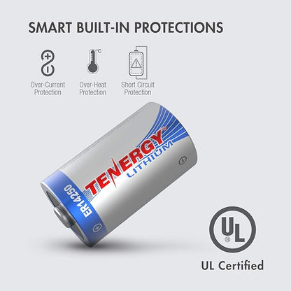 Tenergy 3.6V 1/2 AA Lithium Battery, 1200mAh ER14250 Non-Rechargeable Batteries for Window Sensors, Alarm Systems, Home Security Sensors, Utility Meters, UL Certified, 4 Pack