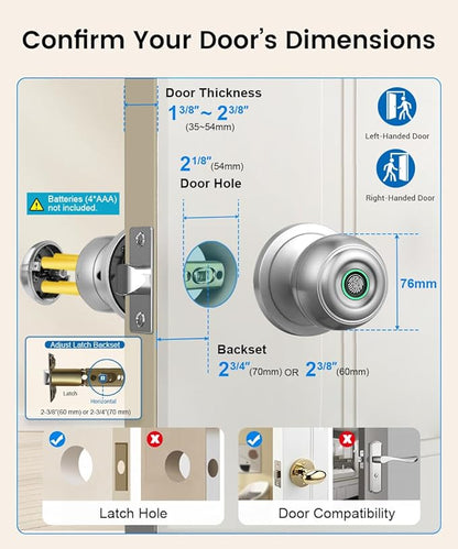 Fingerprint Door Lock, Smart Fingerprint Door Knob with Lock, Biometric Door knob with App Control & Key, Keyless Thumbprint Entry Door Lock for Bedroom, Front Door, Home, Apartment-Burnished Silver