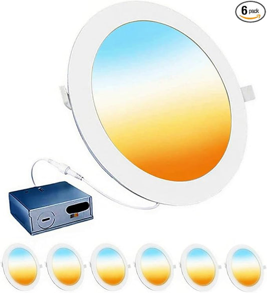 LEDYOND 6-Pack 6 Inch Canless LED Recessed Lighting with Iron Junction Box, 1200LM Slim Wafer Light, 5CCT 2700K-5000K Selectable, CRI 90+, Dimmable Metal Trim Retrofit Ceiling Light, Energy Star &ETL