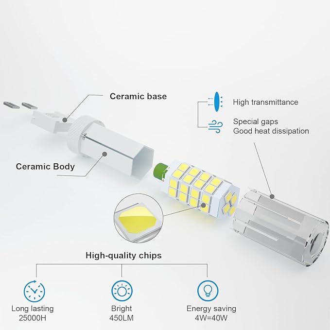 DiCUNO G9 LED Light Bulb 4W, 40W Halogen Replacement, Daylight White 6000K, 450 Lumen, G9 Bi-Pin Ceramic Base Bulb, 120V, Non-dimmable, for Chandelier Lighting, Pendant Light, 6-Pack