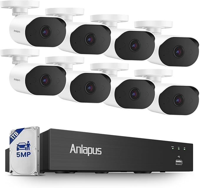 Anlapus 5MP Wired Security Camera System, Human Vehicle Detection, Night Vision, Audio Recording, 8pcs 5MP Outdoor Indoor CCTV Cameras, 8CH Home DVR with 1TB Hard Drive for 24/7 Surveillance