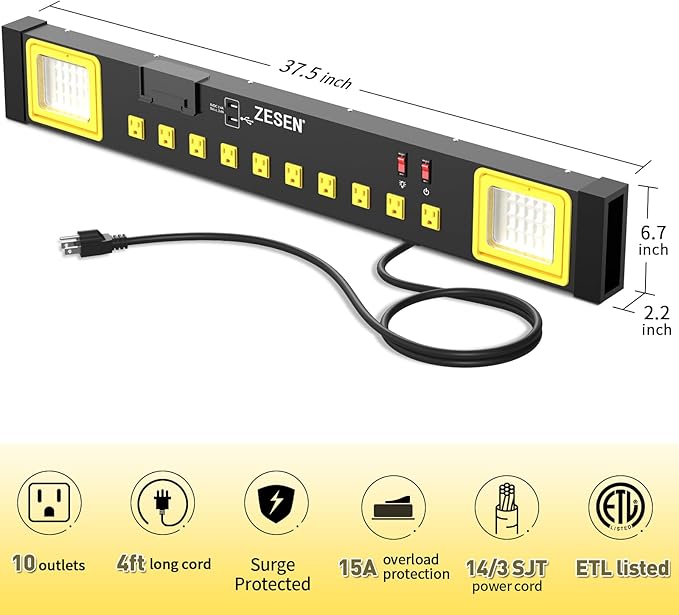 ZESEN 10 Outlet Power Strip with LED Worklight, Heavy Duty Metal Power Strip Surge Protector 4ft Cord with 2-Port USB Charge, ETL Listed for Workshop Garage Office Home