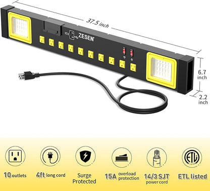 ZESEN 10 Outlet Power Strip with LED Worklight, Heavy Duty Metal Power Strip Surge Protector 4ft Cord with 2-Port USB Charge, ETL Listed for Workshop Garage Office Home