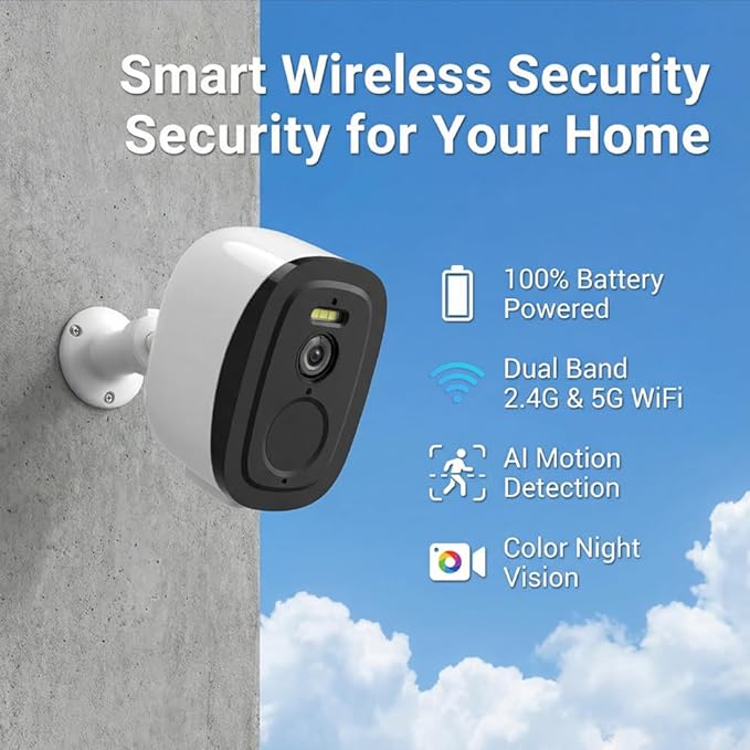 2K Security Cameras Wireless Outdoor with 2.4G/5G WiFi, Battery Powered Tuya Cameras for Home Security, AI Motion Detection, Two-Way Audio, Waterproof, Color Night Vision, Works w/Alexa