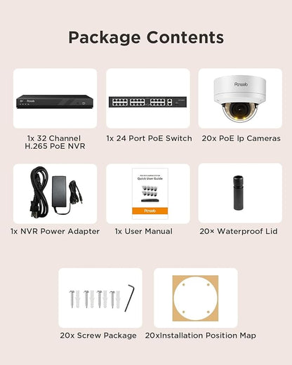 32 Channel Security Camera System, 20x 5MP Wired IK10 Vandal-Proof Dome IP PoE Cameras Outdoor with Human Vehicle Detection, Color Night Vision, 2 Way Audio, 4K 32CH NVR 8TB HDD, PD54Y2032-5M