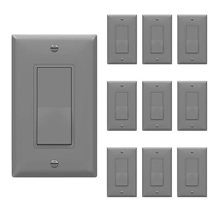 ENERLITES Decorator Paddle Switch with Wall Plates, Single Pole, Copper Wire Only, Grounding Screw, Residential Grade, 15A 120-277V, UL-Listed, 91150-GYWP-10PCS, Gray 10 Pack