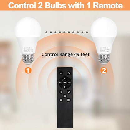 Brilvibera A19 LED Light 2 Bulbs with 1 Remote Control, 9W LED Bulbs, E26 Base, 805 LM, Dimmable Stepless 2700K-6000K, 25000 Hours Lifespan, Light Bulb for Floor Lamp, Pendant Lamp, Table Lamp