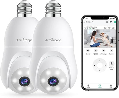 Armorcope 2K Light Bulb Security Camera, 360° Motion Tracking 2.4Ghz WiFi Camera Wireless Outside, Full-Color Night Vision Indoor/Outdoor Camera, SD&Cloud Storage, E27/E26 Light Socket Security