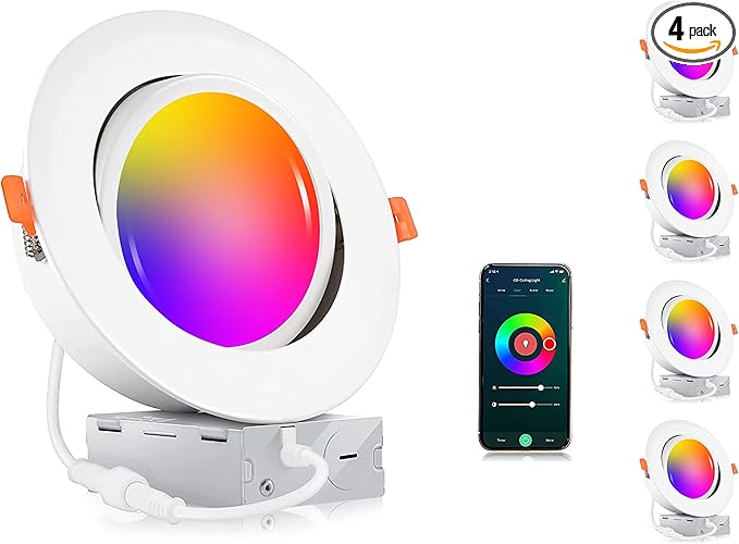 CLOUDY BAY [4 Pack] 6 inch Gimbal Smart WiFi LED Recessed Lights,RGBCW Color Changing,Compatible with Alexa and Google Home Assistant,No Hub Required,15W 2700K-6500K, IC Rated