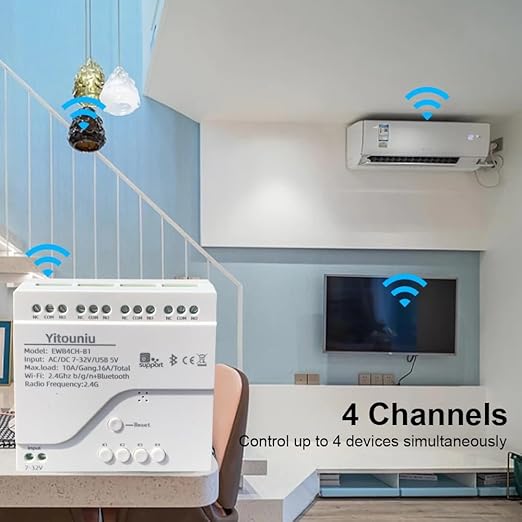 EWeLink 4-Channel Smart WiFi Relay Switch Module, AC7-32V, APP Remote Control, Bluetooth RFRemote Control, Point/Self-Locking/Interlocking, Compatible with Alexa Google Home
