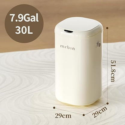 MRBIN Metal Motion Sensor Tall Kitchen Trash Can with Lid and Wheel, 8 Gallon Automatic Garbage Pail Touchless, Electric Covered Waste Basket for Bedroom, Rv, Office, Restroom, Cream White