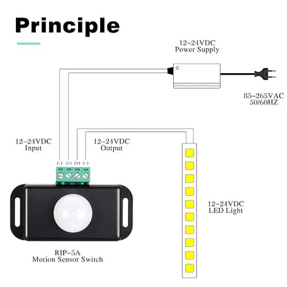6 Pack 12V 24V PIR Sensor LED Motion Sensor Motion Detector Light Switch Body Infrared Sensing Timer Function Sign Control PIR Controllerfor Flexible LED Strip Lights(Black)