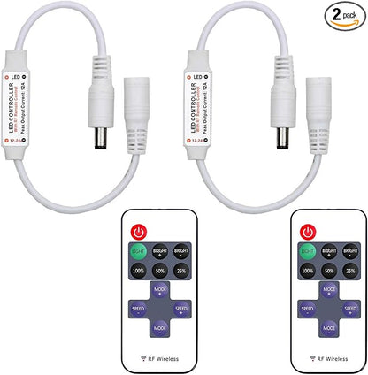 2 Pack LED Light Strip Remote Control Mini RF Wireless LED Controller Single Color 3528 5050 LED Strip Lights Dimmer Switch Control Brightness Flashing Mode DC 12V 24V LED Bar Ribbon Shelf Lights