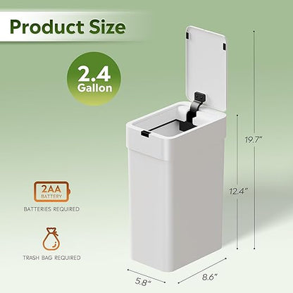 WLIVE Small Bathroom Trash Can, 9 Liter / 2.4 Gal Motion Sensor Trash Can, IPX5 Waterproof Touchless Garbage Can for Bathroom, Office, Dorm, White