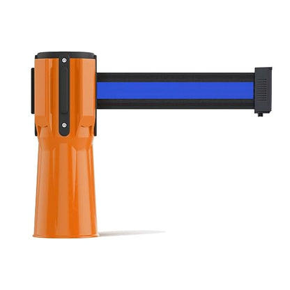 Trafford Industrial 11 Ft. Cone-Mounted Retractable Belt Barrier Orange Case with Black and Blue Horizontal Stripe Belt