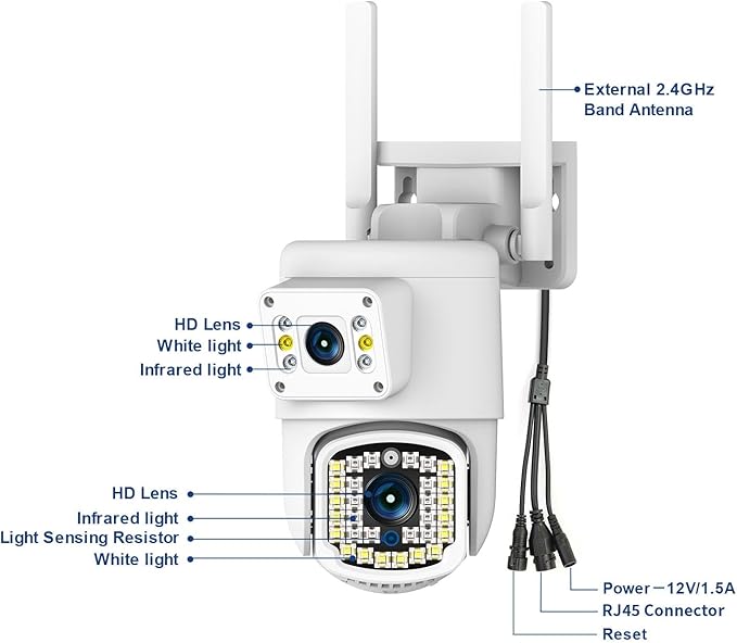 Dual Lens Outdoor PTZ Security Camera,4MP WiFi Surveillance Camera with Night Vision, Motion Detection, Human Tracking & Detection, 355°View, SD/Cloud, 24/7 Record, White,