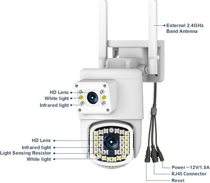 Dual Lens Outdoor PTZ Security Camera,4MP WiFi Surveillance Camera with Night Vision, Motion Detection, Human Tracking & Detection, 355°View, SD/Cloud, 24/7 Record, White,