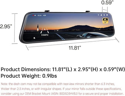 Pelsee P12 Pro 4K Mirror Dash Cam w/ADAS and BSD, 5.8GHz WiFi 20MB/s Download, Rear View Mirror Camera 4K Front and 1080P Rear, Voice Control, GPS, Color Night Vision, 12" Touch Screen,32G Memory Card
