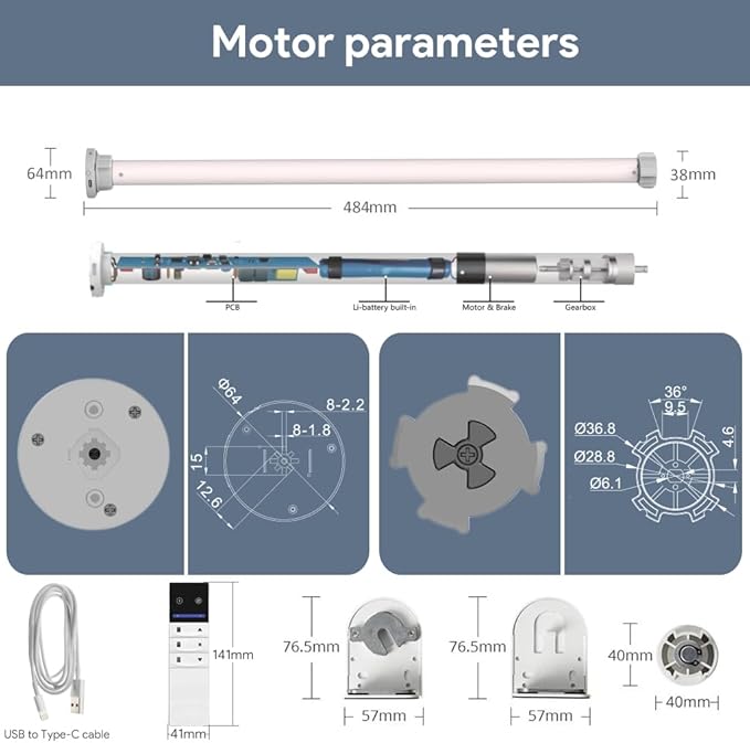 Smart Roller Shade Motor Retrofit Kit Matter Over Thread, Wireless Electric Blind Motor for 1.5" Tube, 2600mAh Rechargeable, Solar Panel, Remote Control, Compatible with Alexa/HomeKit/Google Home
