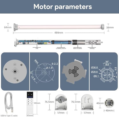 Smart Roller Shade Motor Retrofit Kit Matter Over Thread, Wireless Electric Blind Motor for 1.5" Tube, 2600mAh Rechargeable, Solar Panel, Remote Control, Compatible with Alexa/HomeKit/Google Home