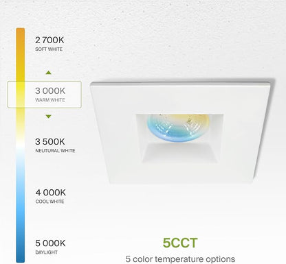ASD 2 Inch LED Recessed Lighting with Junction Box, 8W 600 Lumens, Dimmable Anti-Glare Downlight, 2700K/3000K/3500K/4000K/5000K Selectable, CRI 90+, Square White Trim, IC Rated, ETL, Energy Star