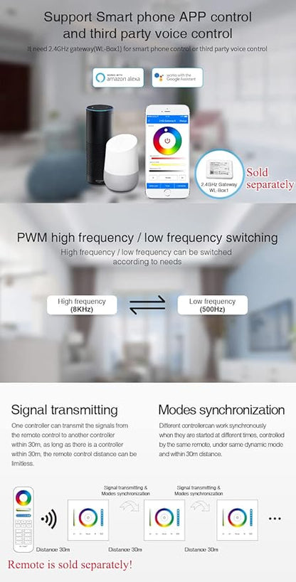 LGIDTECH P3 Wall-Mounted Full Touch Panel Controller for 3528 5050 2835 RGB RGBW RGB+CCT Dimmable Color Changing LED Strip Lighting DC 12-24V 10A 120W 240W.Support Voice and DMX512 Control