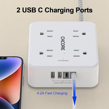Surge Protector Power Strip - CHCORE 6Ft Braided Extension Cord with 8 Outlets with 4 USB (2 USB C) Charging Ports, Flat Plug Multi Plug Outlet Extender Charging Station for Home Office, ETL, White