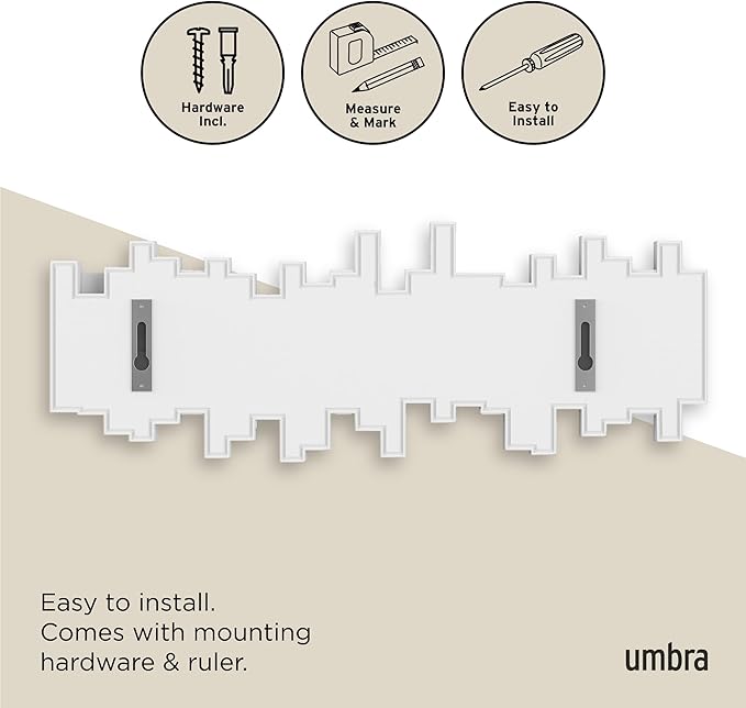 Umbra Sticks Wall Mount Coat Rack, 5 Hook Retractable Pegs, White | Mounting hardware included, sculptural modern design, entryway or bedroom use, recycled plastic