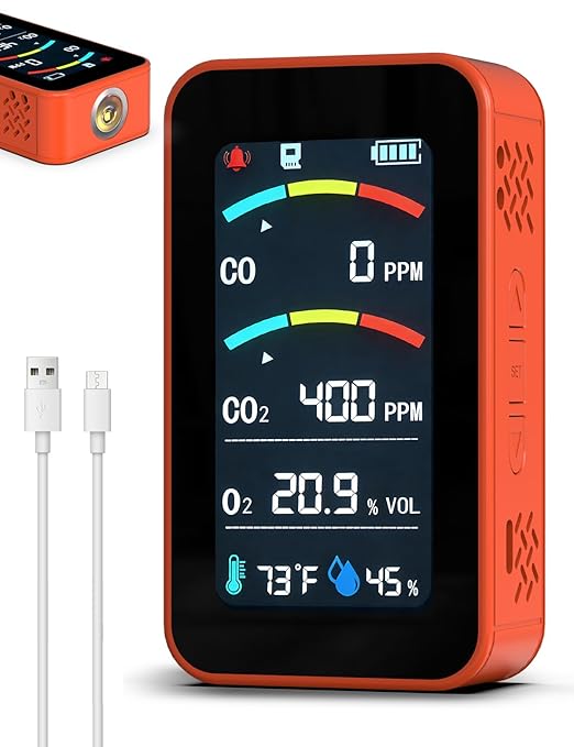 Oxygen Detector, SQECH 7-in-1 Rechargeable Oxygen Monitor Measures CO/CO2/O2/Temperature/Humidity, with Flashlight & SD Card, Oxygen Meter with Alarm & 3.27" Display, for Home, Camping, RV, Travel