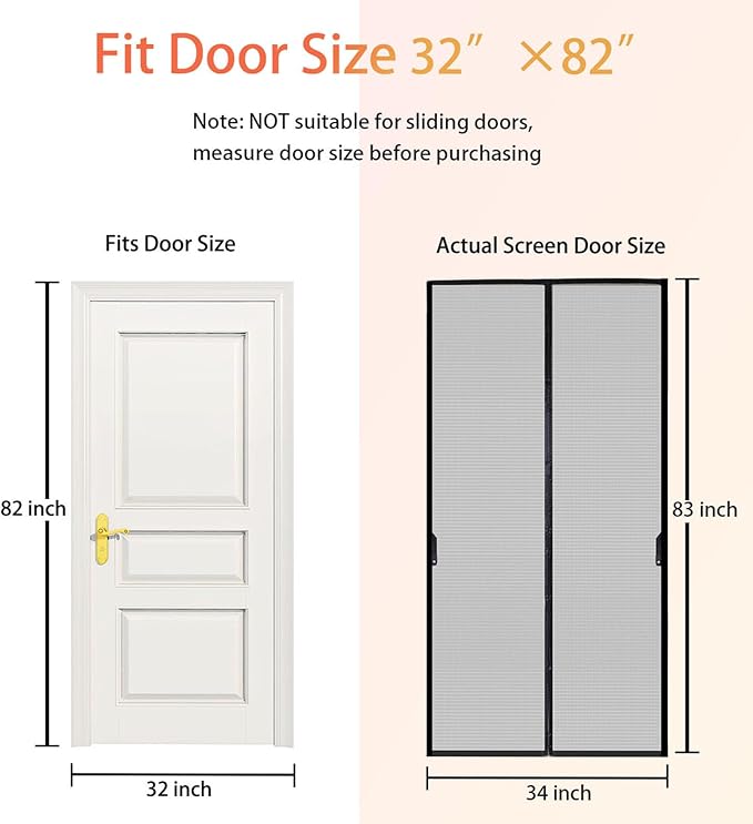 FEGO Magnetic Screen Door Fit Door Size:32"x82", Screen Itself Size 34"x83", Enjoy Breeze, Hands Free Entry, Reinforced Fiberglass Mesh Anti-Tearing, Pet & Kid Friendly, Strong Magnets for Patio/Front
