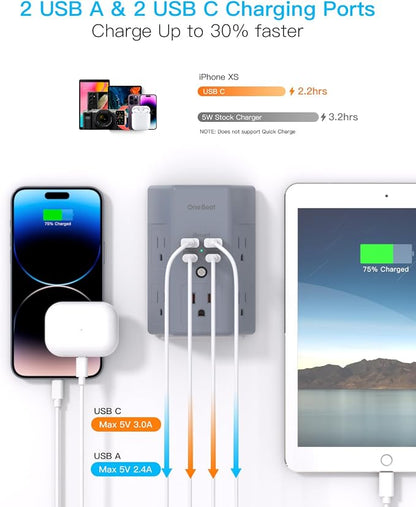 One Beat Surge Protector Wall Outlet Extender, 5 Outlets & 4 USB Ports (2 USB-C), 1680J, 3-Sided Multi Plug Outlet Adapter, Outlet Splitter, Wall Mount, ETL Listed for Home Office Travel-Grey