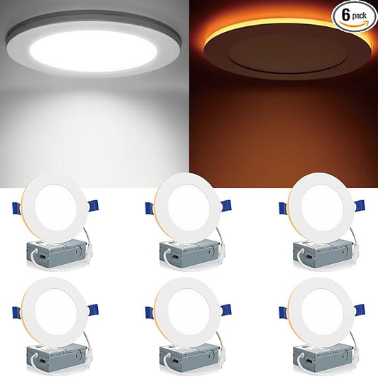 Meconard 6 Pack 4 Inch 5CCT LED Recessed Lighting with Night Light, 2700K/3000K/3500K/4000K/5000K Selectable Ultra-Thin LED Recessed Ceiling Lights, 9W=75W, 750LM, Dimmable Canless Wafer Downlight