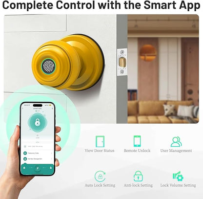 UMIKSMART Fingerprint Door Knob Lock, Smart Keyless Entry Door Knob with Tuya App Control & Auto-Lock, Backup Key, Easy Install for Home, Apartment, Office, Yellow