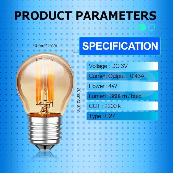 SOFOC G45G LED Bulb 3V DC E27 Base Outdoor Barn Light Warm Yellow 2200K Classic 4W Low Voltage Light 360LM High Color Rendering Vintage Edison Style Bulb No Dimmable 1Pcs
