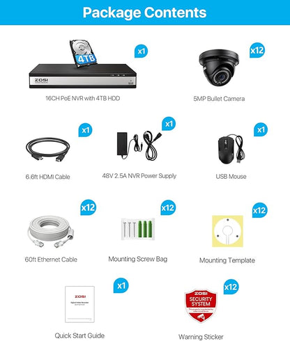 ZOSI H.265+ 4K 16CH PoE Security Camera System, 12 X Wired 5MP (3K) Dome PoE IP Cameras Outdoor Indoor, 16CH NVR with 4TB HDD for 24/7 Recording, 80ft Night Vision, Motion Detection, Remote Access