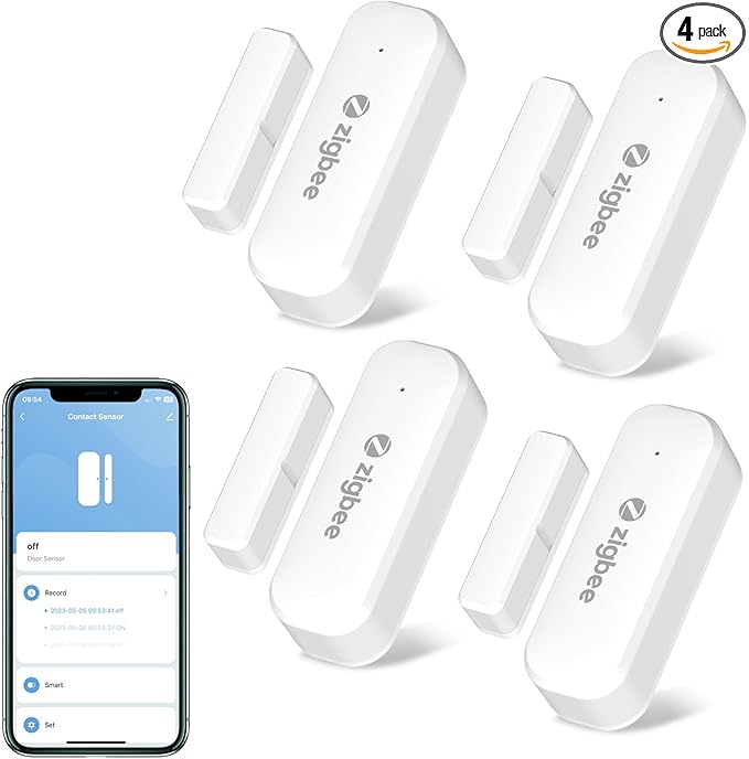 Tuya Zigbee Door and Window Sensor, Wireless Mini Contact Sensor, Requires Tuya Zigbee Hub, Smart Life Zigbee Connection, Compatible with Alexa/Google Assistant, 4Pack